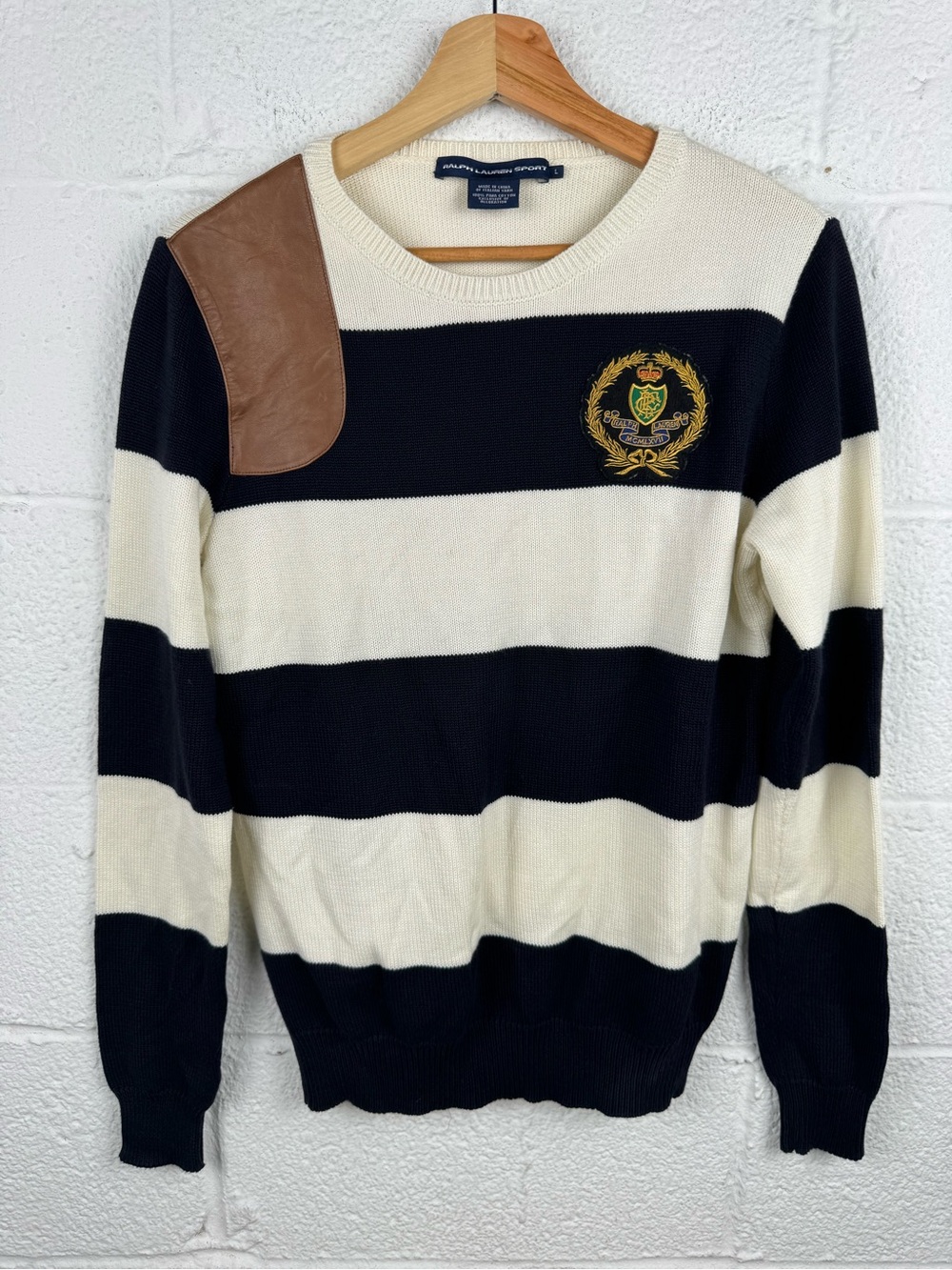 Ralph Lauren Sport Shooting Sweater L Pima Cotton Leather Patch Crest Striped